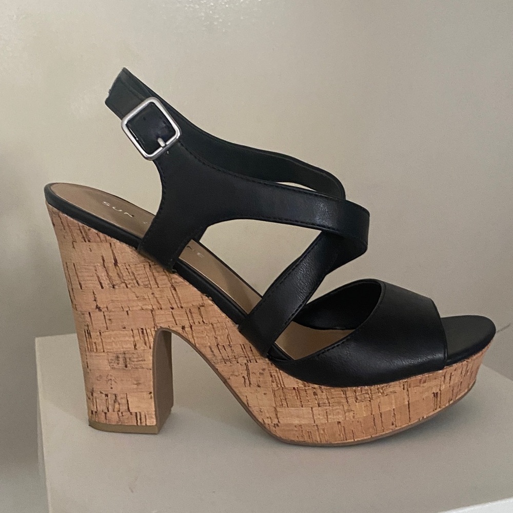Sun + Stone Black Platform Sandals with Cork Heel